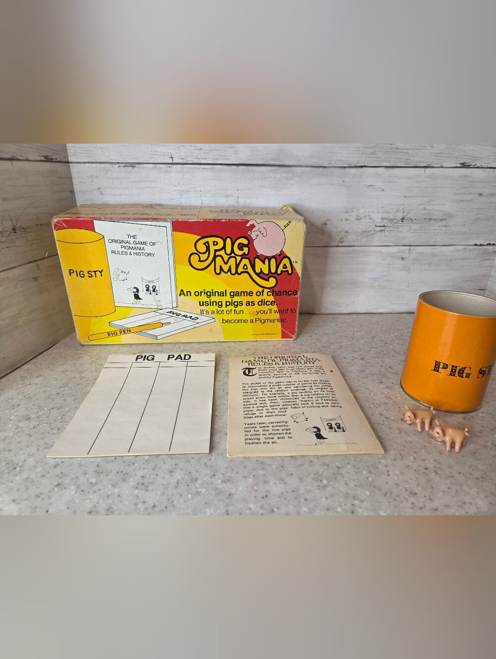 Vintage 1977 Pig Mania Pig Sty Dice Game Original Pigs Rules Score Pad